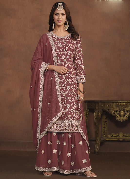 Vegaa Fashion Designer Brown Faux Georgette Embroidery Sharara Suit  Grab2Buy Vegaa Fashion Grab2Buy