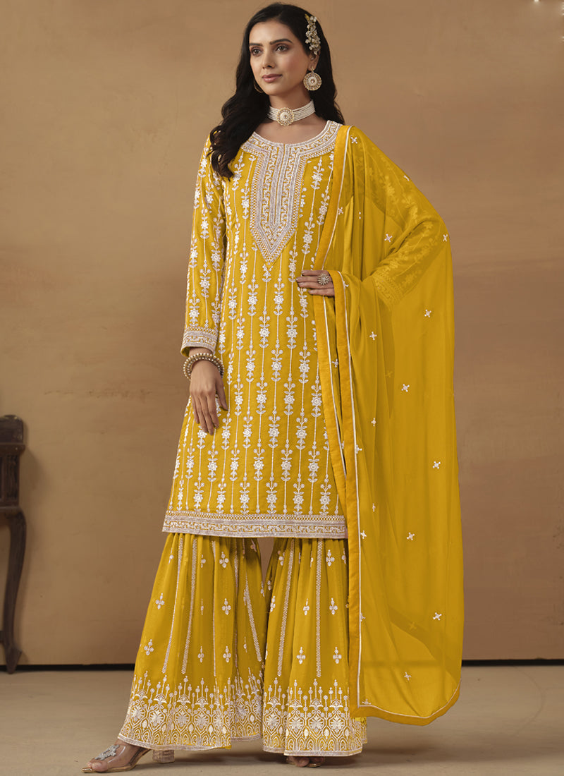 Vegaa Fashion Designer Yellow Faux Georgette Embroidery Sharara Suit  Grab2Buy Vegaa Fashion Grab2Buy