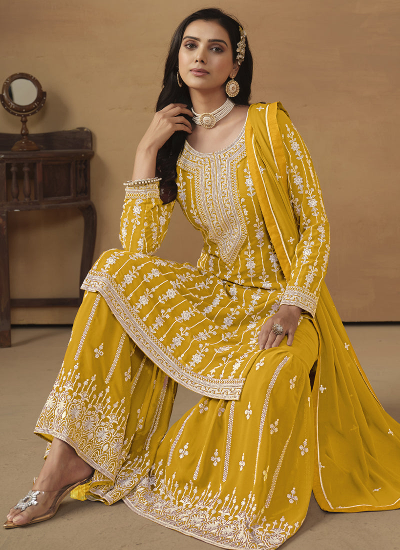 Vegaa Fashion Designer Yellow Faux Georgette Embroidery Sharara Suit  Grab2Buy Vegaa Fashion Grab2Buy