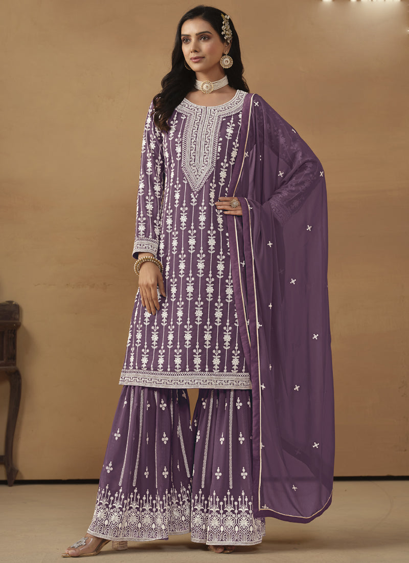 Vegaa Fashion Designer Purple Faux Georgette Embroidery Sharara Suit  Grab2Buy Vegaa Fashion Grab2Buy