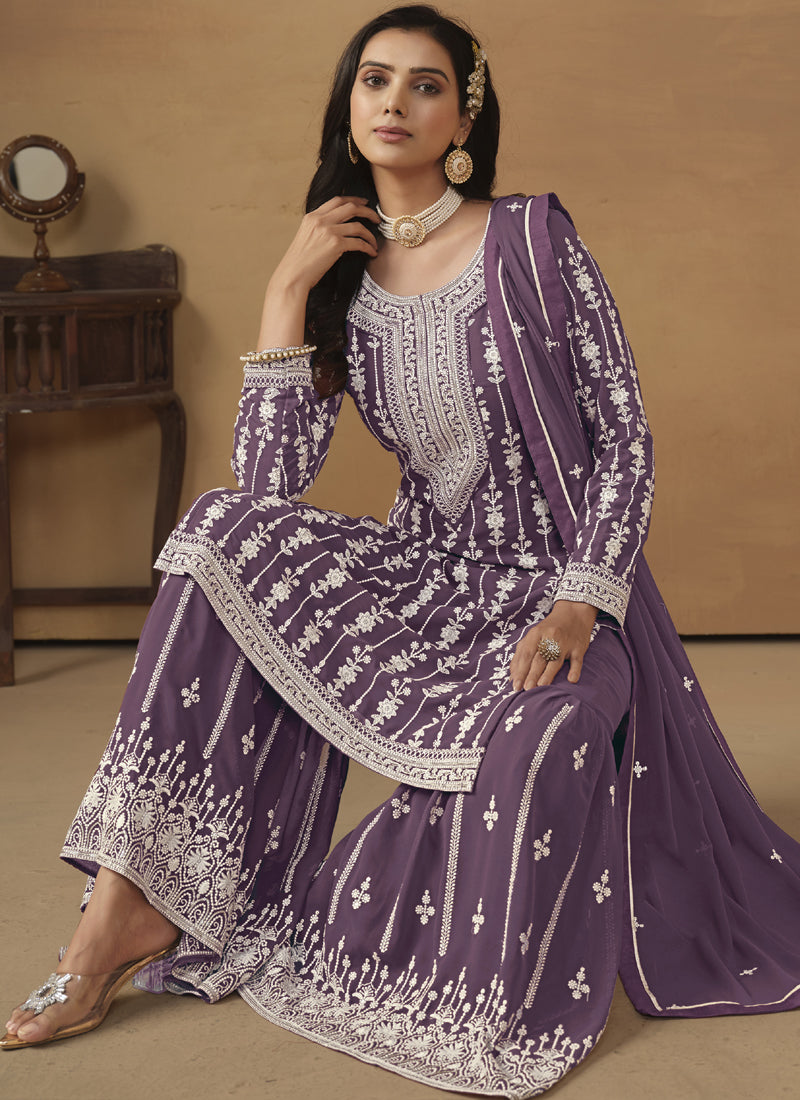 Vegaa Fashion Designer Purple Faux Georgette Embroidery Sharara Suit  Grab2Buy Vegaa Fashion Grab2Buy