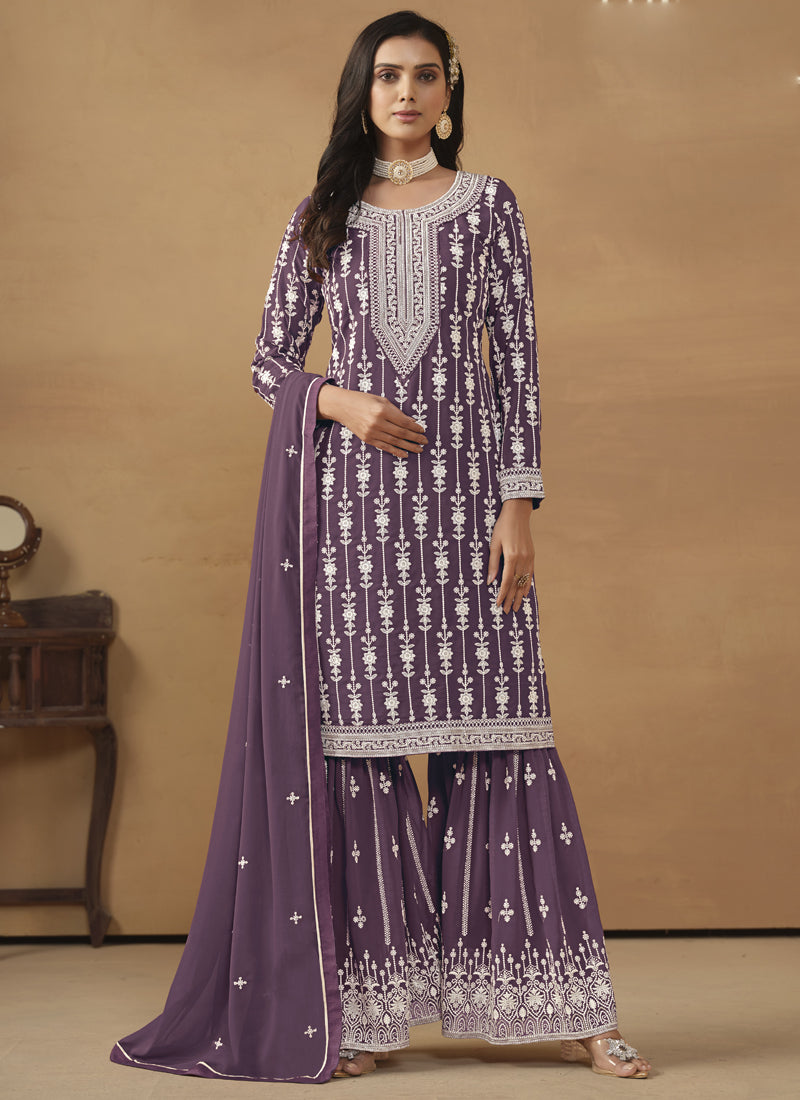 Vegaa Fashion Designer Purple Faux Georgette Embroidery Sharara Suit  Grab2Buy Vegaa Fashion Grab2Buy