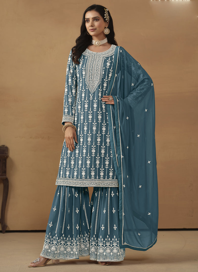 Vegaa Fashion Designer Grey Faux Georgette Embroidery Sharara Suit  Grab2Buy Vegaa Fashion Grab2Buy