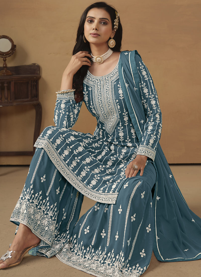 Vegaa Fashion Designer Grey Faux Georgette Embroidery Sharara Suit  Grab2Buy Vegaa Fashion Grab2Buy