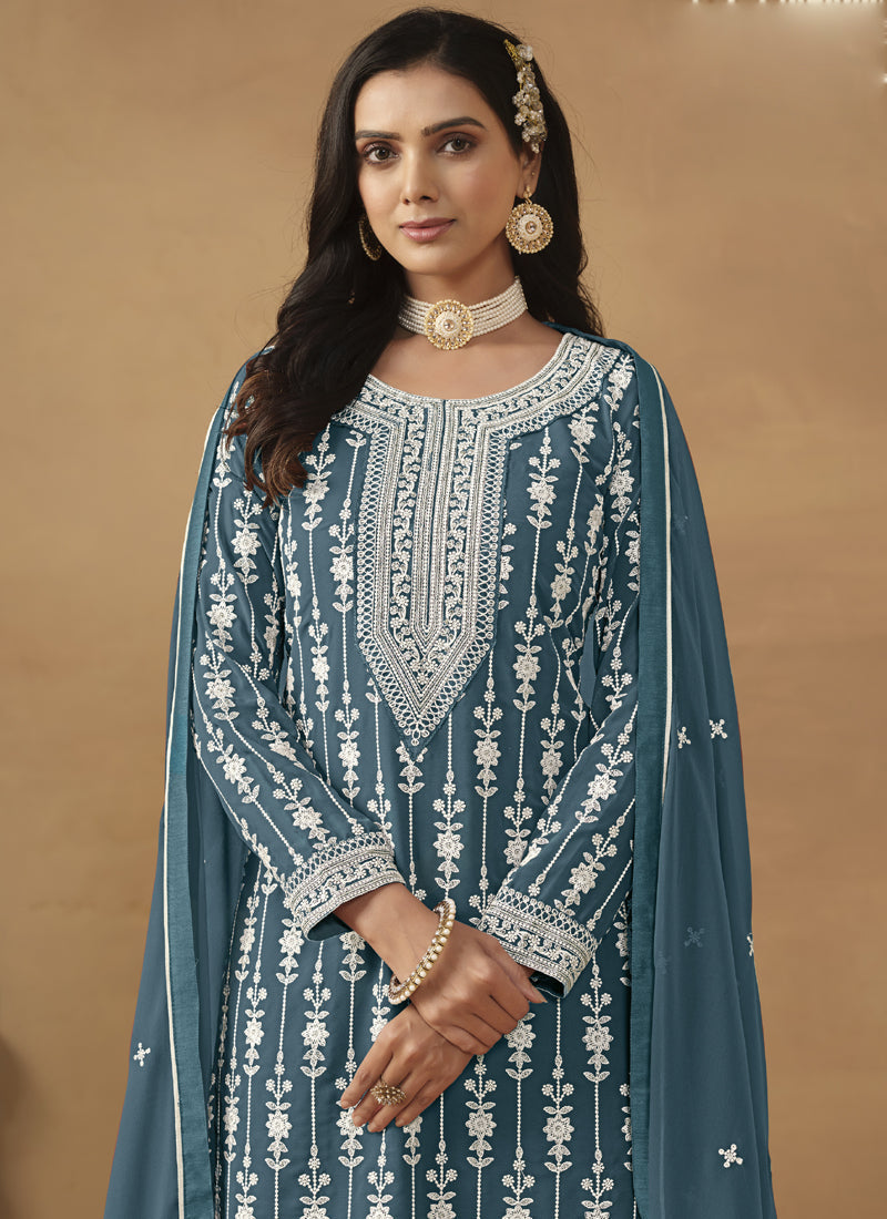Vegaa Fashion Designer Grey Faux Georgette Embroidery Sharara Suit  Grab2Buy Vegaa Fashion Grab2Buy
