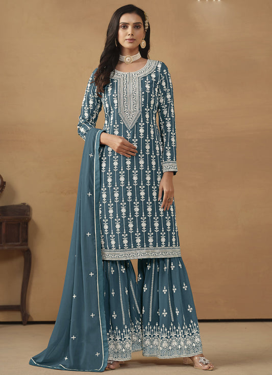 Vegaa Fashion Designer Grey Faux Georgette Embroidery Sharara Suit  Grab2Buy Vegaa Fashion Grab2Buy