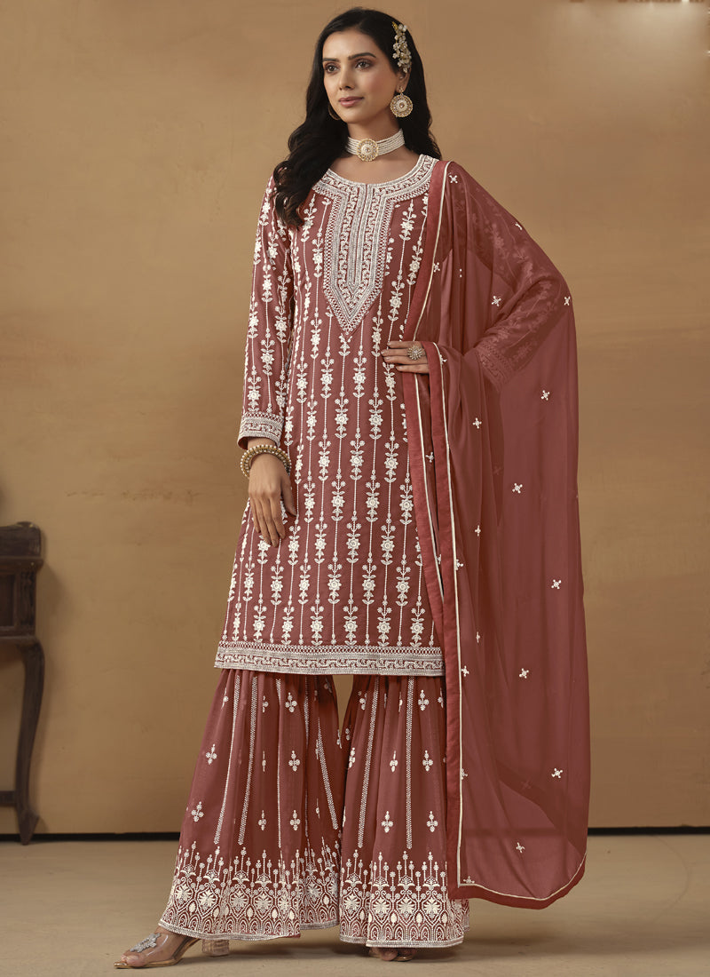 Vegaa Fashion Designer Brown Faux Georgette Embroidery Sharara Suit  Grab2Buy Vegaa Fashion Grab2Buy