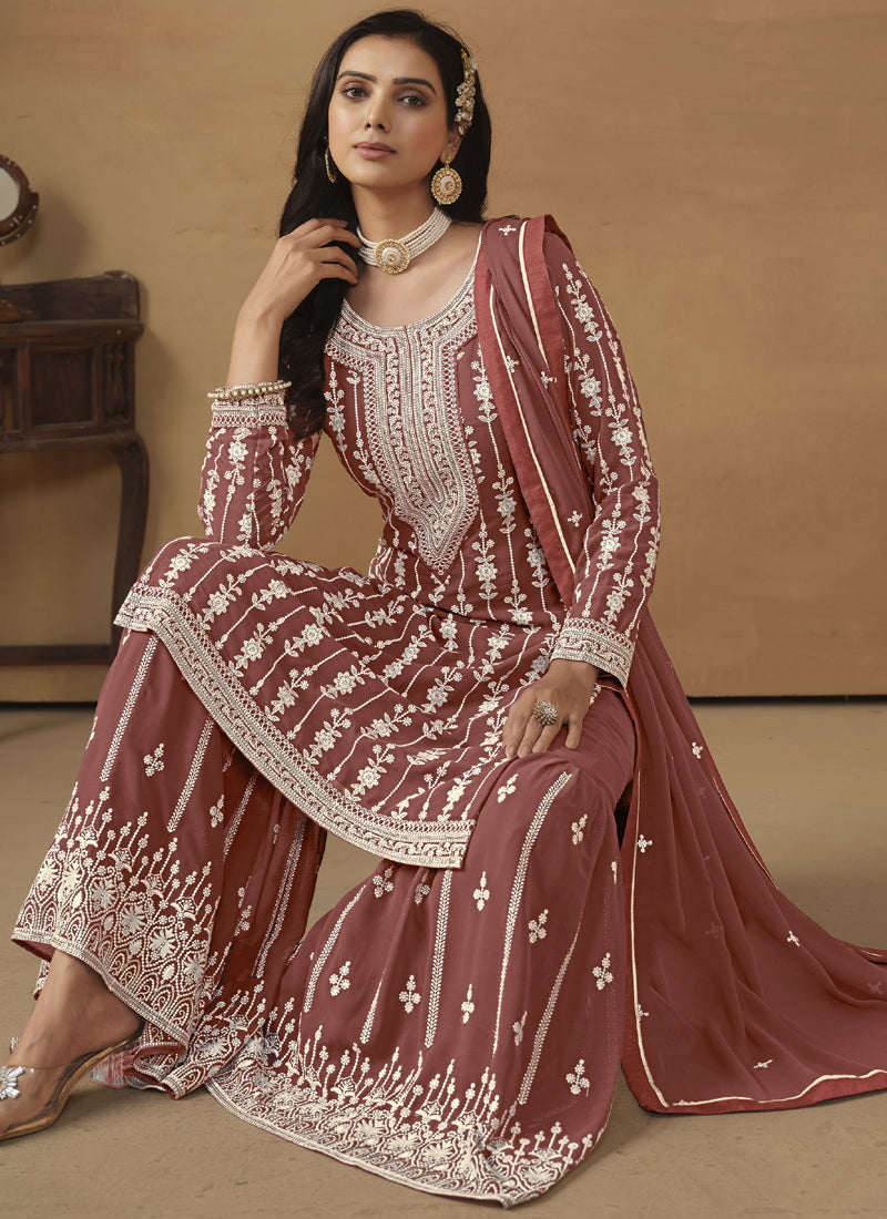 Vegaa Fashion Designer Brown Faux Georgette Embroidery Sharara Suit  Grab2Buy Vegaa Fashion Grab2Buy