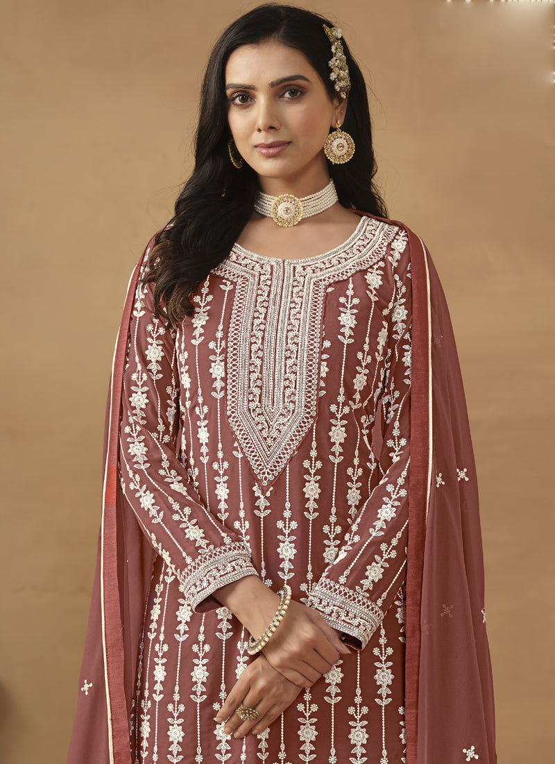 Vegaa Fashion Designer Brown Faux Georgette Embroidery Sharara Suit  Grab2Buy Vegaa Fashion Grab2Buy