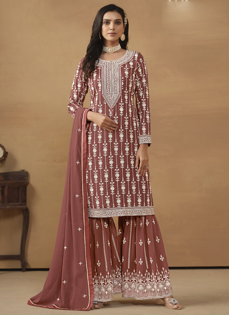 Vegaa Fashion Designer Brown Faux Georgette Embroidery Sharara Suit  Grab2Buy Vegaa Fashion Grab2Buy