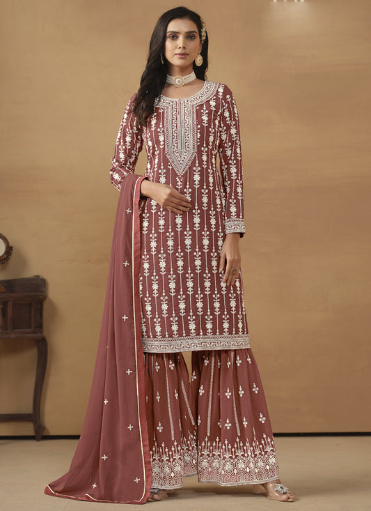 Vegaa Fashion Designer Brown Faux Georgette Embroidery Sharara Suit  Grab2Buy Vegaa Fashion Grab2Buy