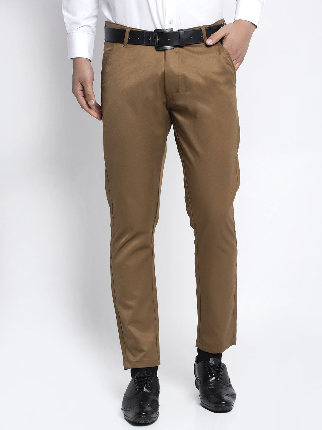 Jainish Men's Brown Tapered Fit Formal Trousers 