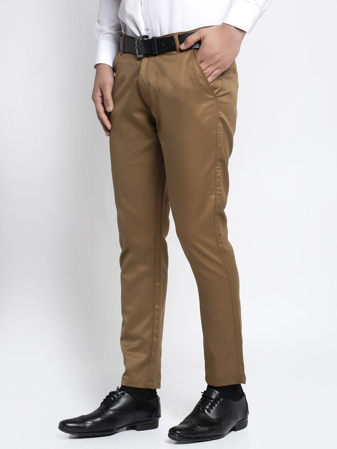 Jainish Men's Brown Tapered Fit Formal Trousers 
