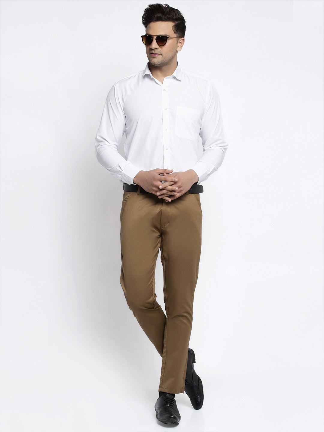 Jainish Men's Brown Tapered Fit Formal Trousers 