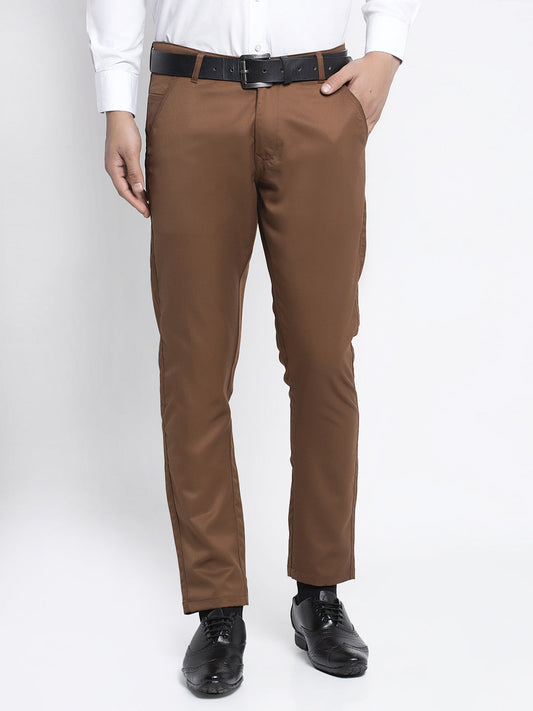Jainish Men's Brown Tapered Fit Formal Trousers 
