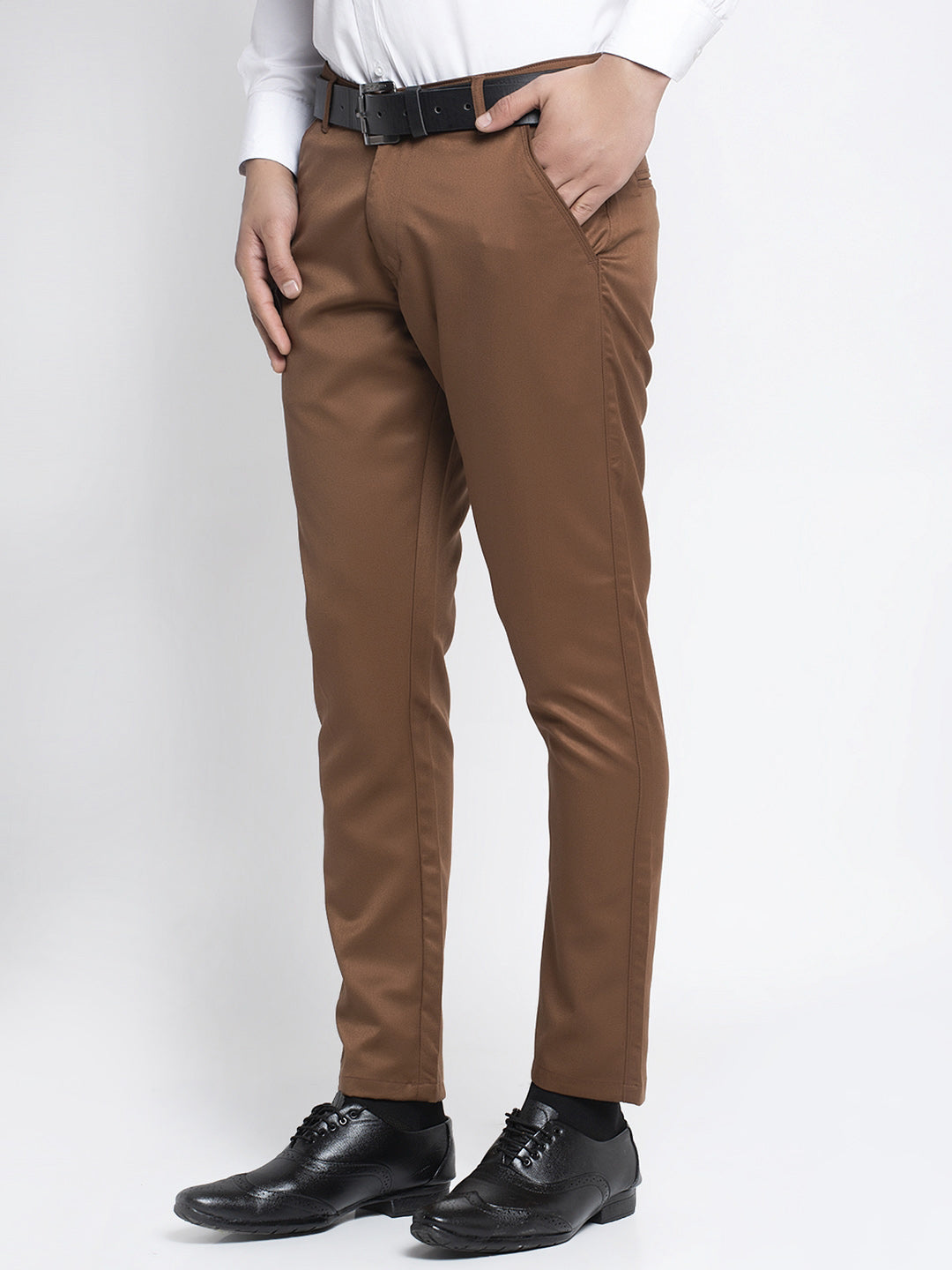 Jainish Men's Brown Tapered Fit Formal Trousers 