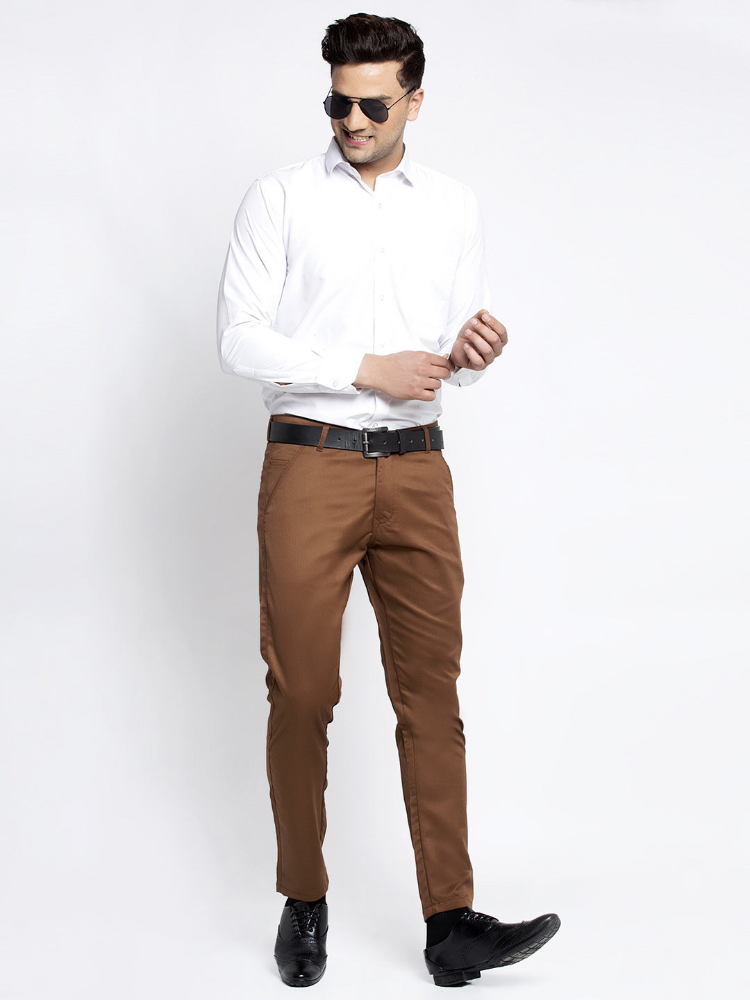 Jainish Men's Brown Tapered Fit Formal Trousers 