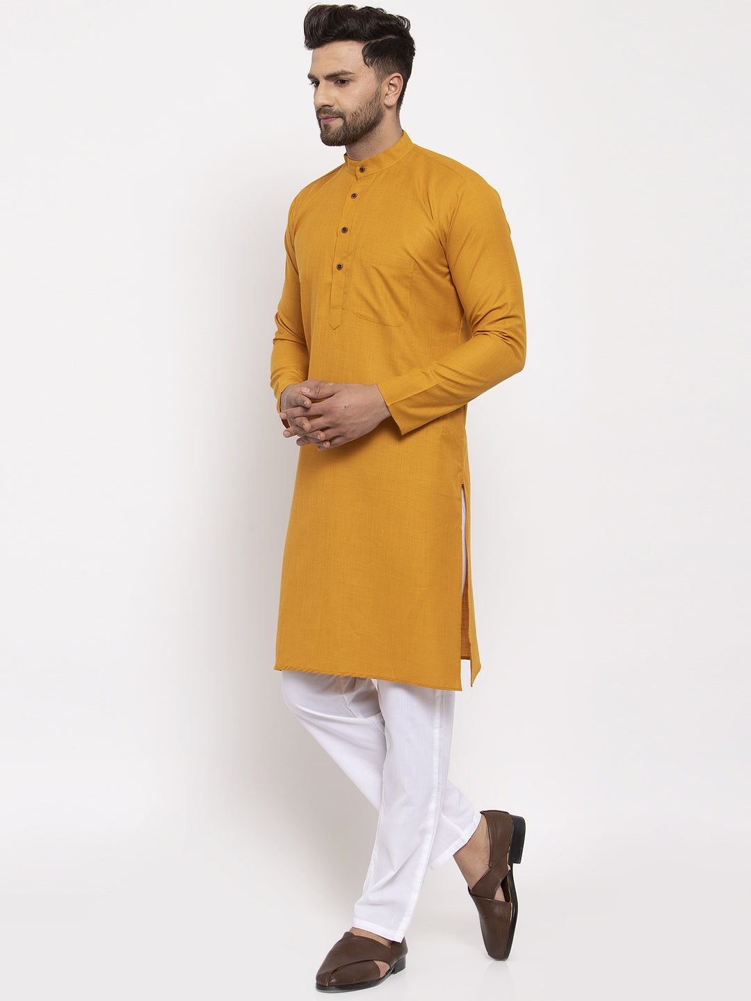 Jompers Men's Cotton Solid Kurta Pyjama - Mustard