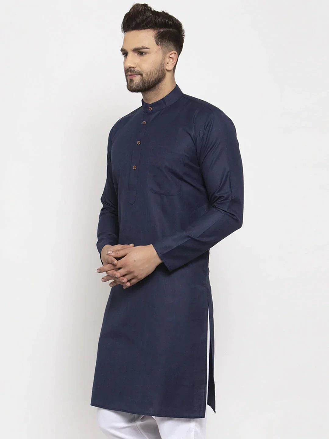 Jompers Men's Navy-Blue & White Solid Kurta Only