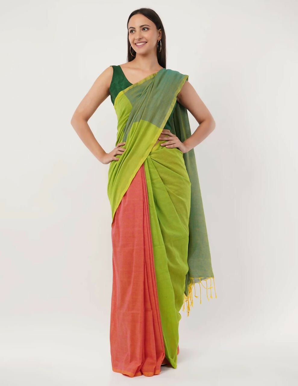 Exclusive Collection Beautiful Khadi Cotton Olive Green Orange Handloom Grab2Buy 