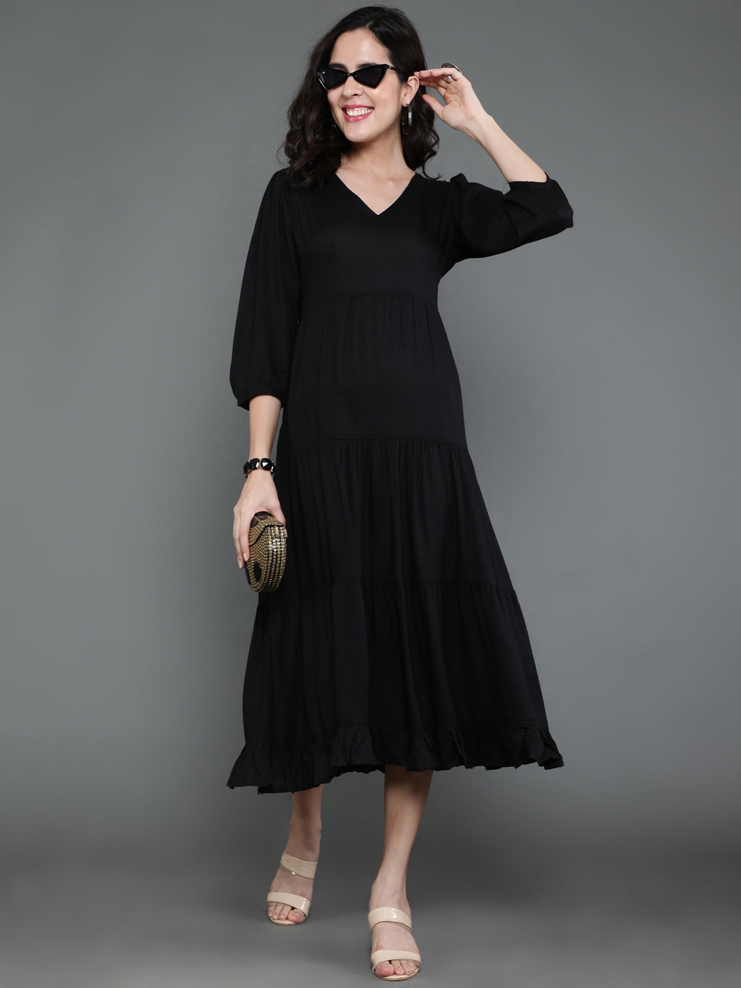 Antaran Black Rayon Flared Solid Black Dress | Grab2Buy