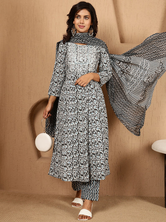 Antaran Blue Cotton Blend Embellished Kurta Pant & Dupatta Set