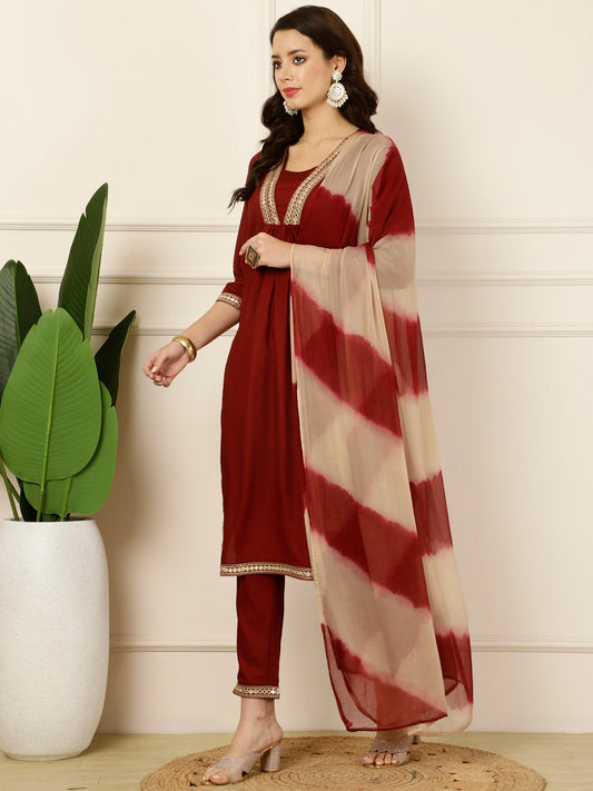 Antaran Maroon Rayon Embellished Kurta Pant & Dupatta Set