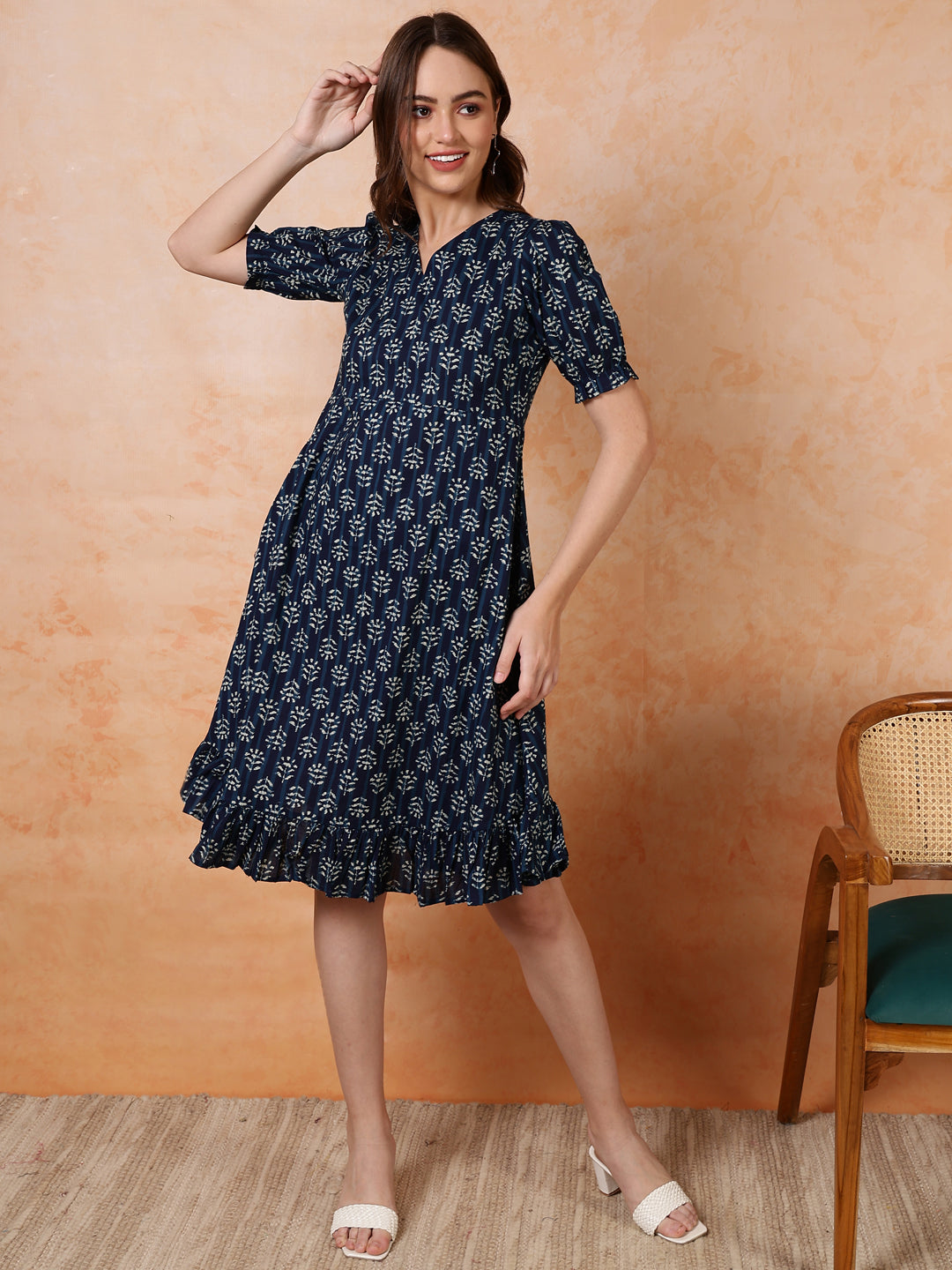 Antaran Blue Pure Cotton Flared Printed Dress | Grab2Buy