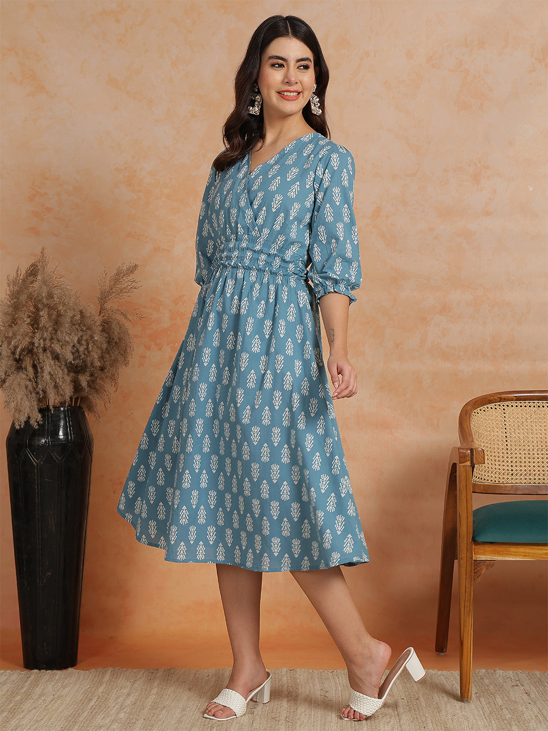 Antaran Blue Pure Cotton Printed Flared Dress | Grab2Buy