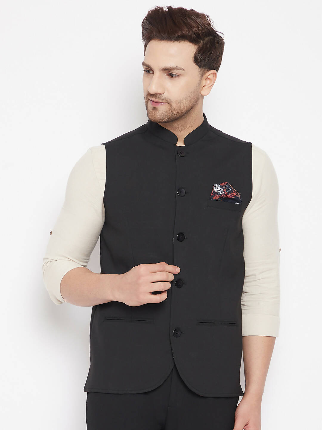 Even Apparels Black Merino Men's Nehru Jacket-Contrast Lining-Inbuilt Pocket Square 