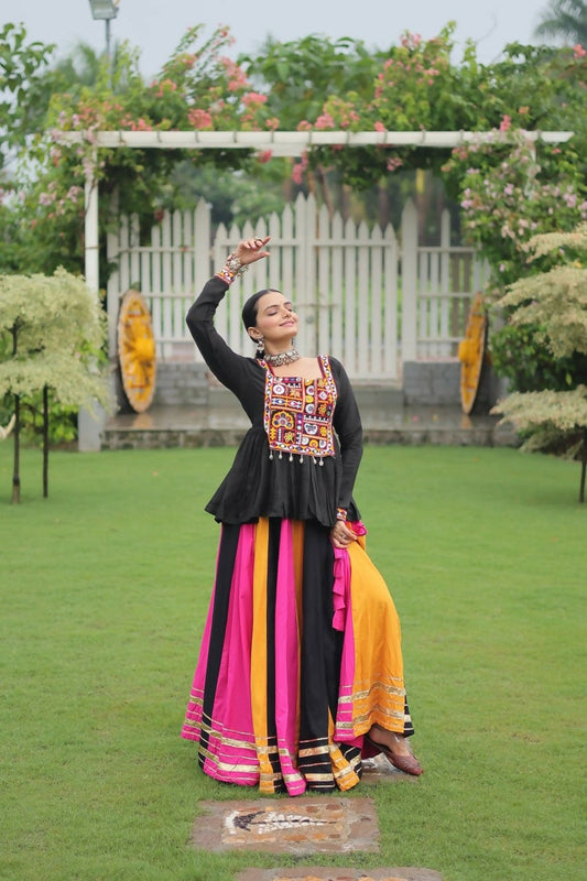 Teeya Creation Multi Colour Reyon Silk Gamathi Work Navratri lehenga Choli