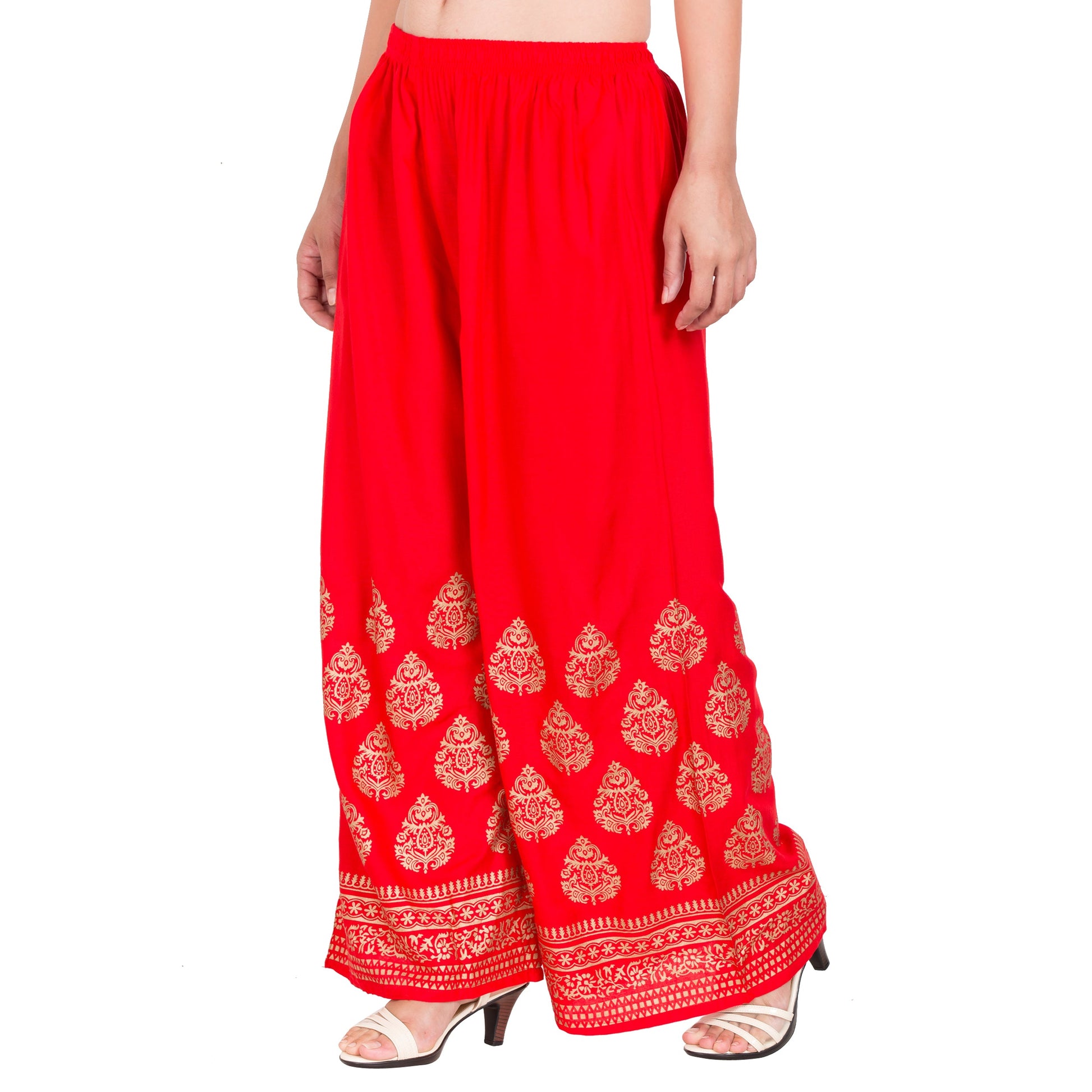 PAVONINE Red Color Golden Printed Rayon Fabric Sharara For Women