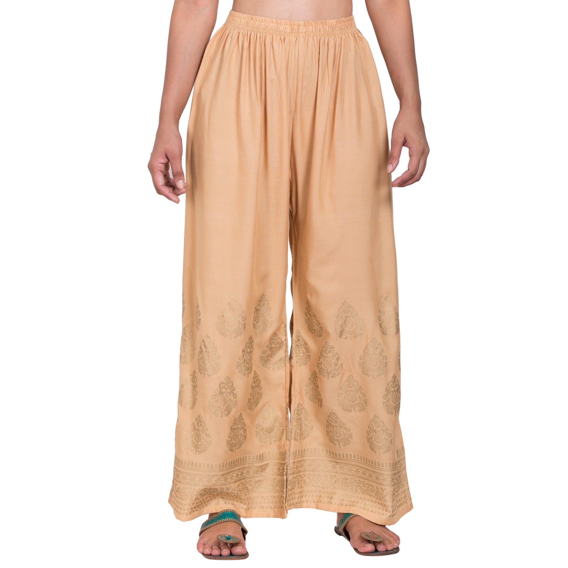PAVONINE Beige Color Golden Printed Rayon Fabric Sharara For Women