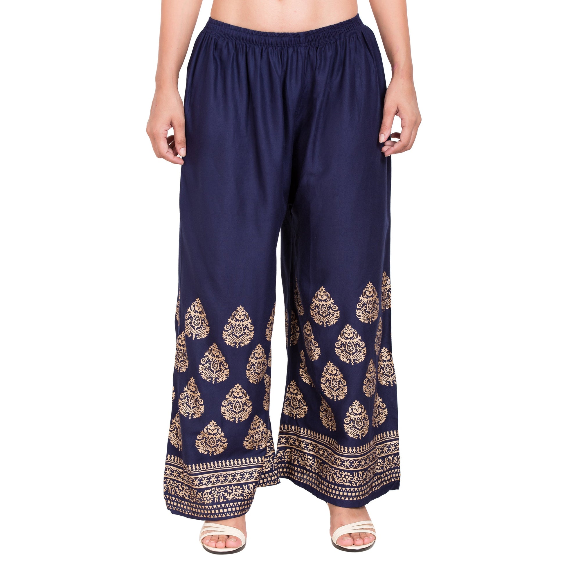 PAVONINE Navy Blue Color Golden Printed Rayon Fabric Sharara For Women