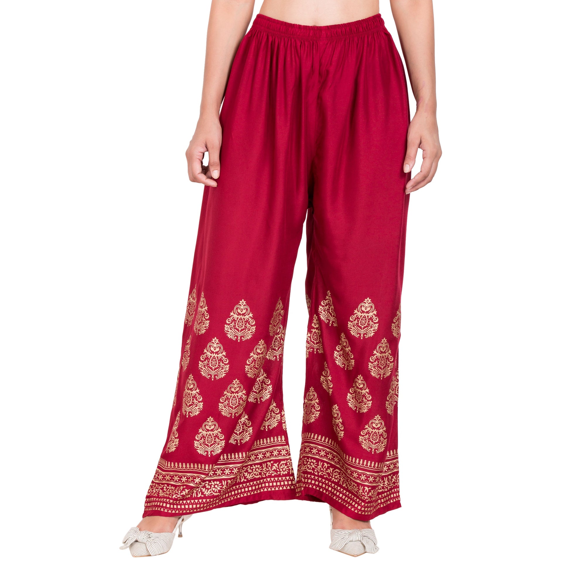 PAVONINE Maroon Color Golden Printed Rayon Fabric Sharara For Women