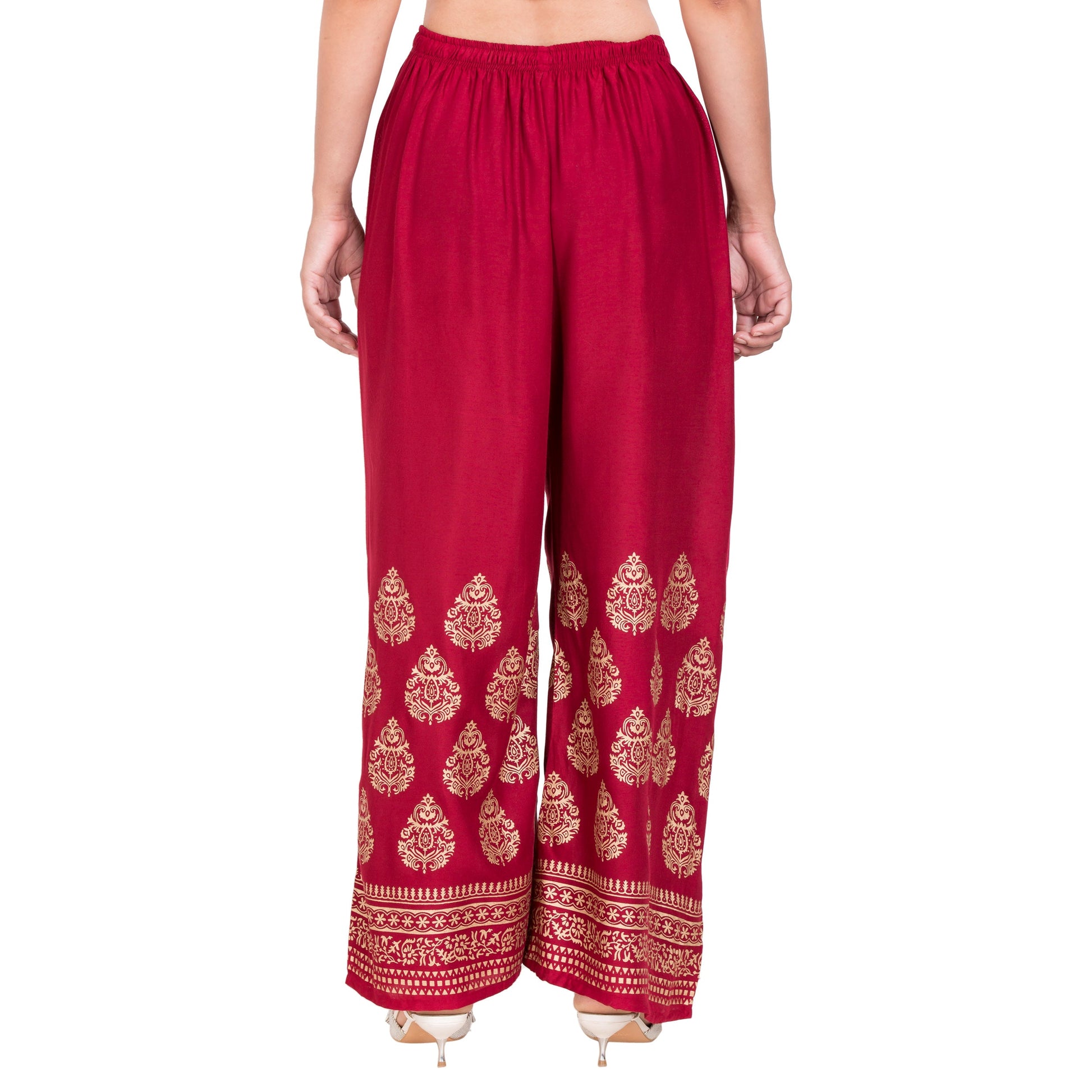 PAVONINE Maroon Color Golden Printed Rayon Fabric Sharara For Women