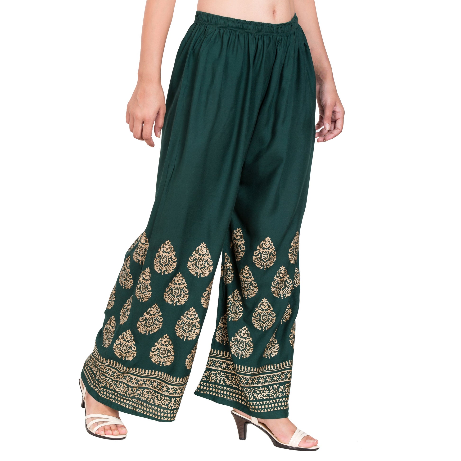 PAVONINE Bottle Green Color Golden Printed Rayon Fabric Sharara For Women