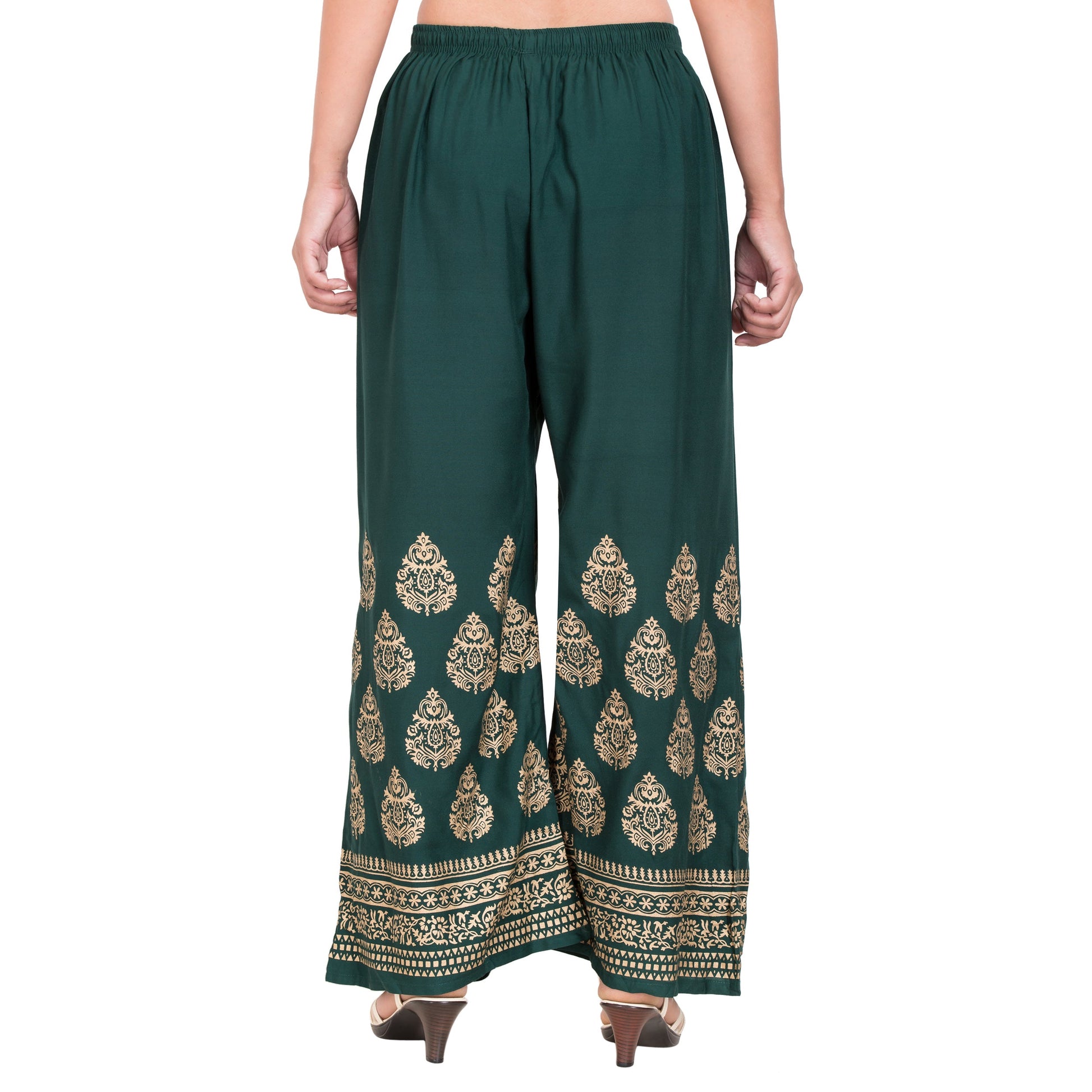 PAVONINE Bottle Green Color Golden Printed Rayon Fabric Sharara For Women
