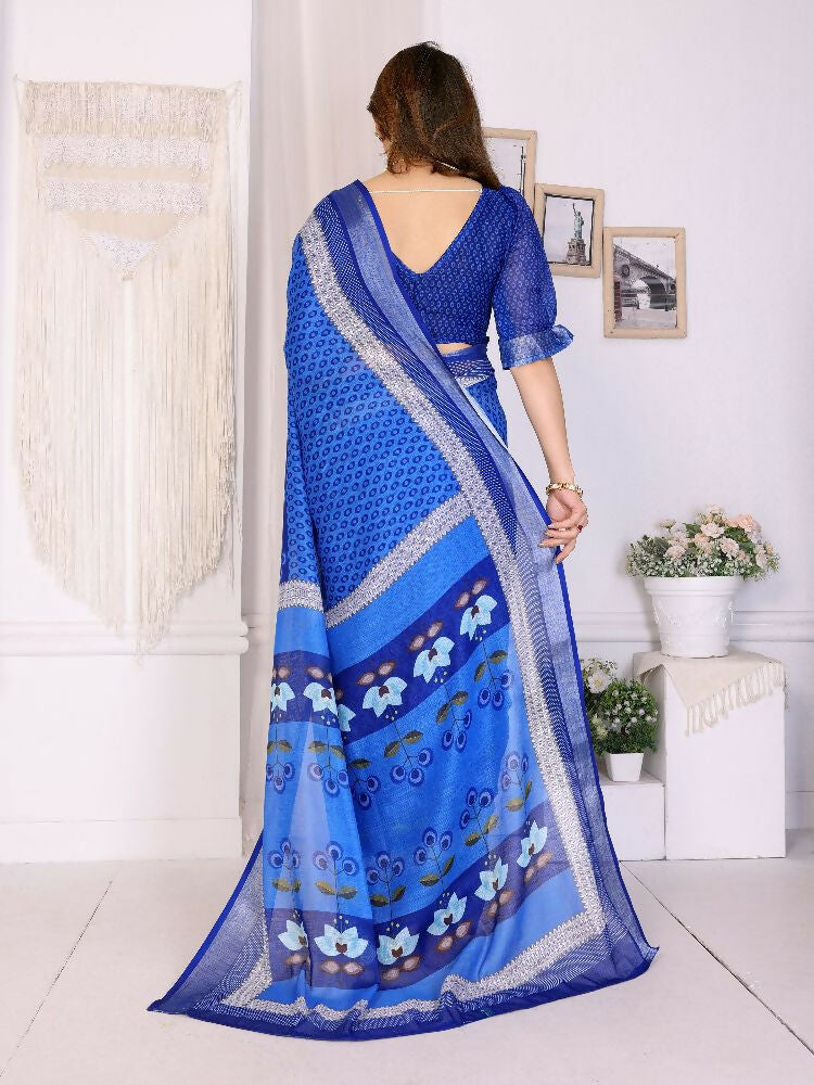PR Fashion Blue Handloom Linen Cotton Zari Saree