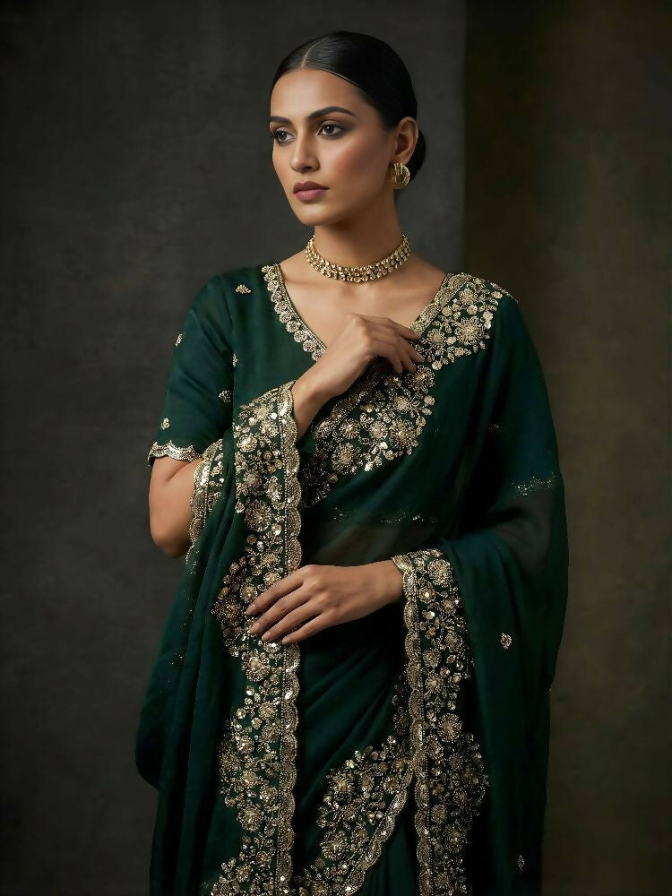 Joban Fashion Green Fandy Satin Silk Party Wear Sarees