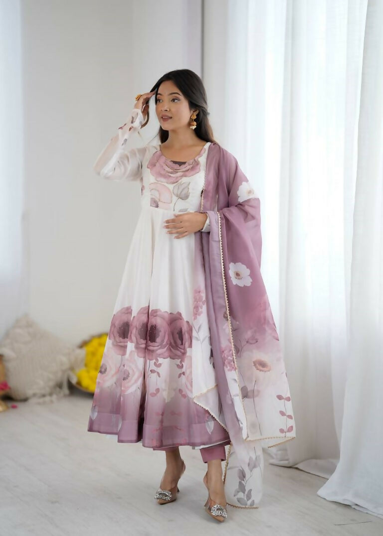 Teeya Creation Onion Color Soft organza Silk Digital Print Party Wear Gown