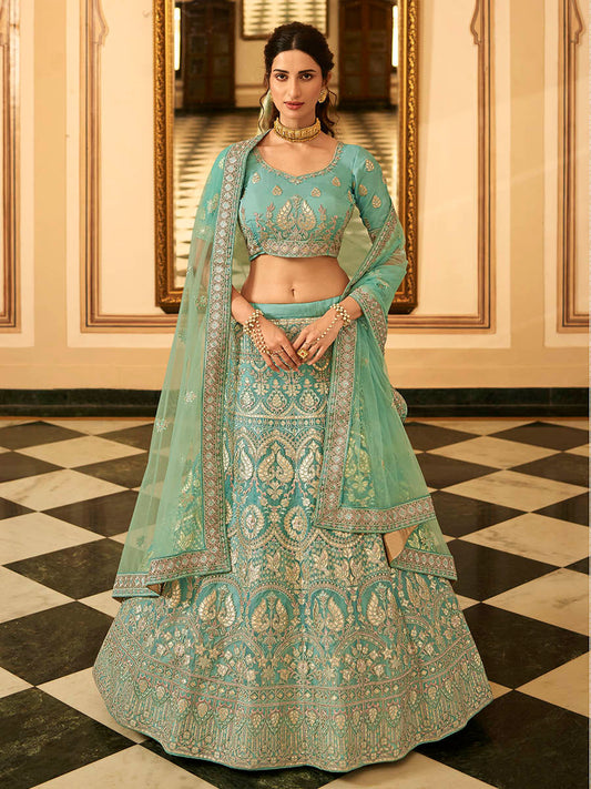 Myra Turquoise Organza Embroidered Lehenga