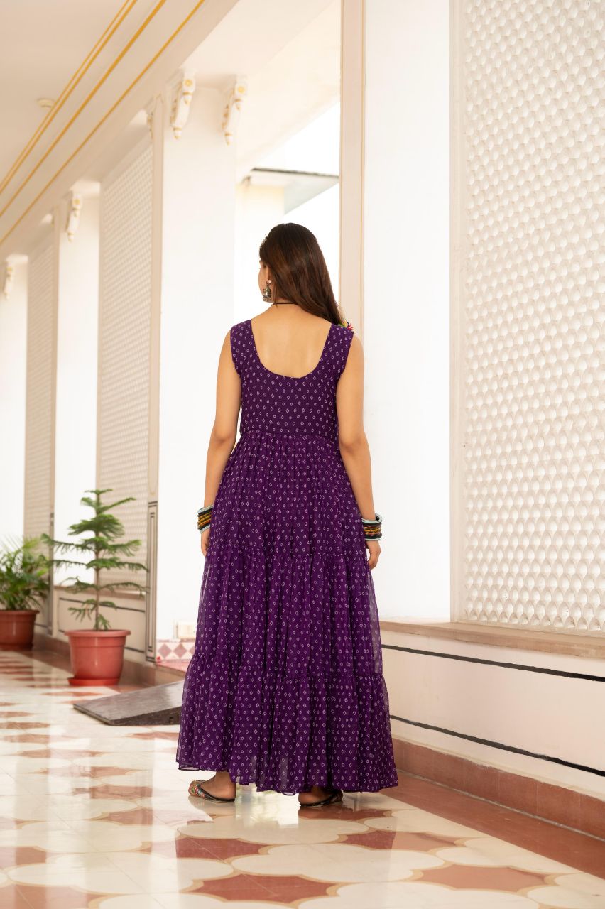 Prazu Fashion Purple Georgette Bandhani Print Work With Kutchi Patch work Navaratri Gown