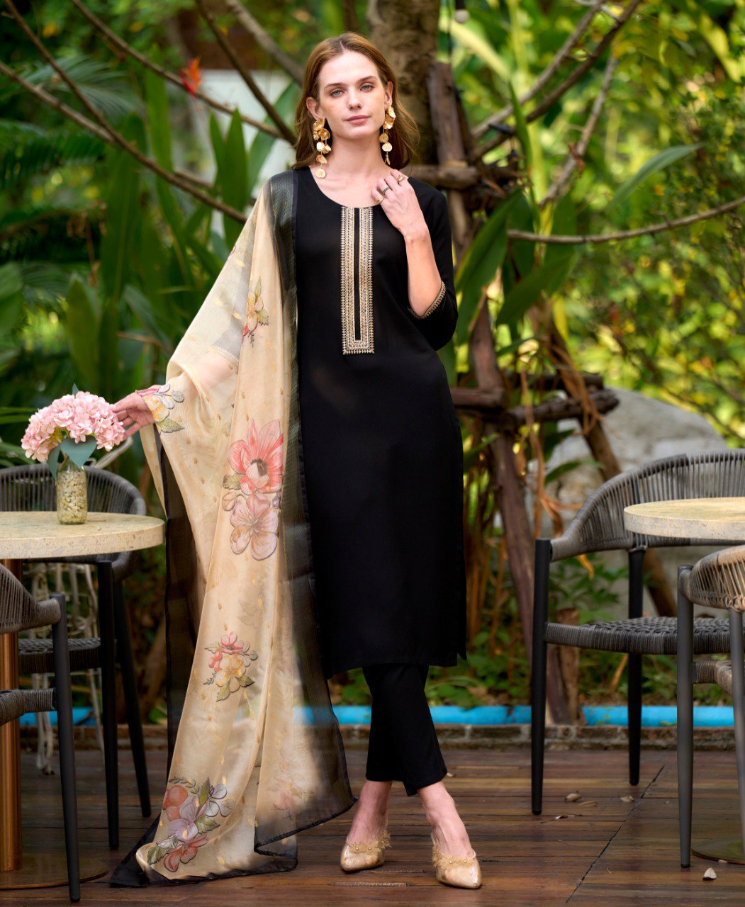 Prazu Fashion Black Viscose Rayon Embroidered Straight Kurta Set