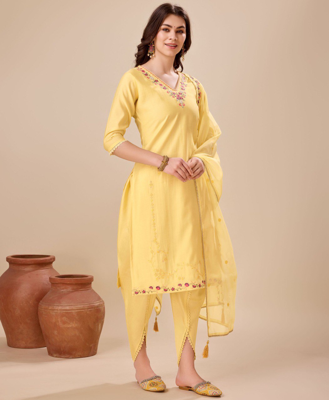 Prazu Fashion Yellow Viscose Silk Embroidered Kurta Set With Dhoti Pant