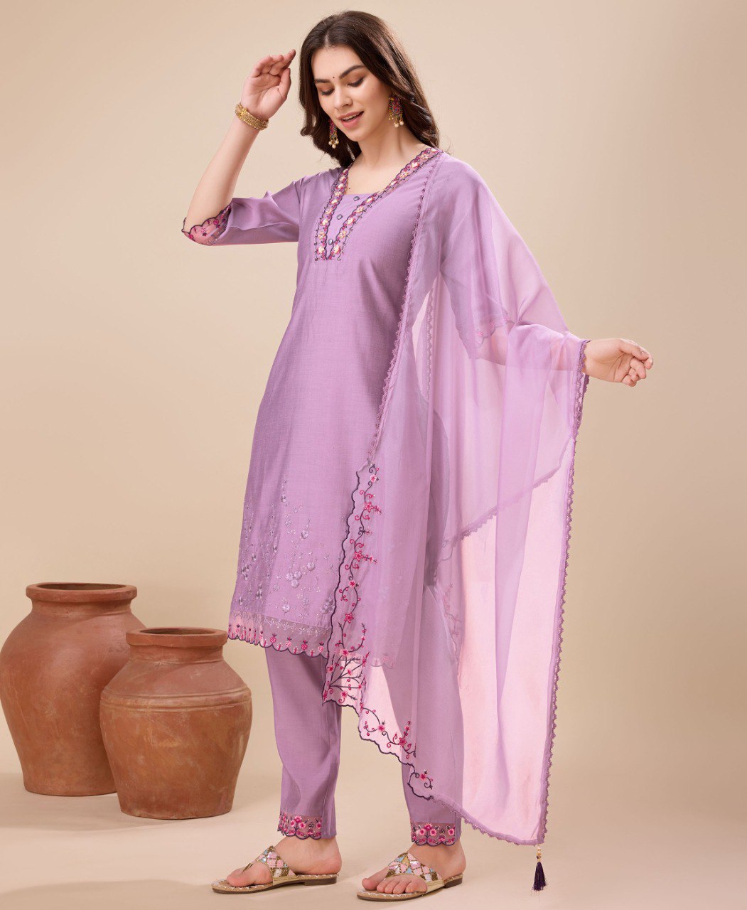 Prazu Fashion Lavender Viscose Silk Embroidered Kurta Set