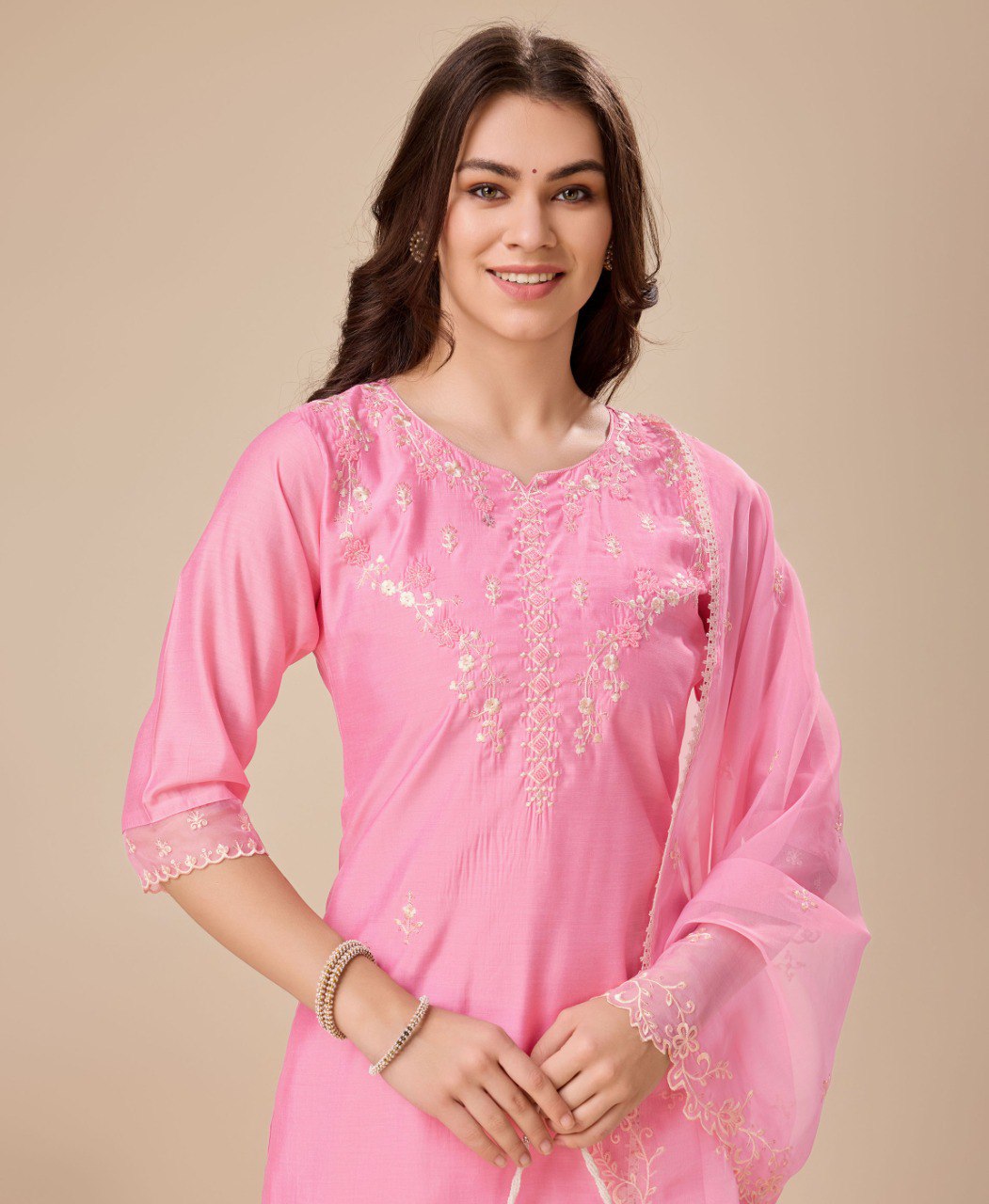 Prazu Fashion Pink Viscose Silk Embroidered Kurta Set