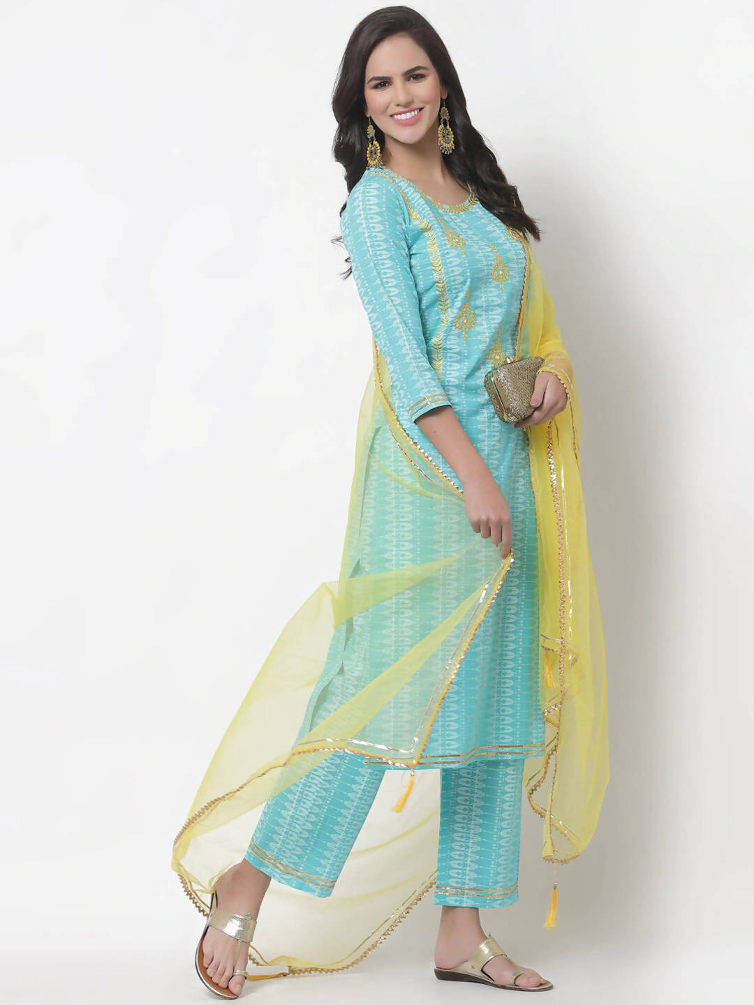 Myshka Women Turquoise Blue Layered Pure Cotton Kurti With Trousers & Dupatta