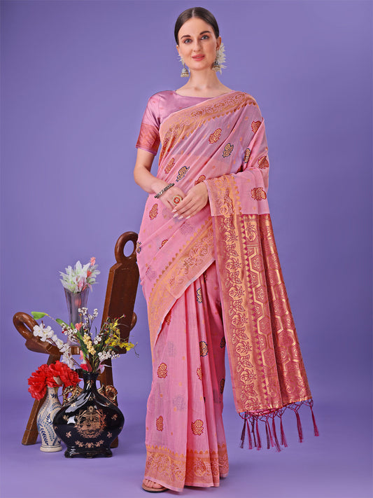 Shree Shyam Fashion Light Pink Woven Zari Traditional Linen Cotton Saree with Rich Pallu & Unstitched Blouse - Festive & Wedding Wear Saree