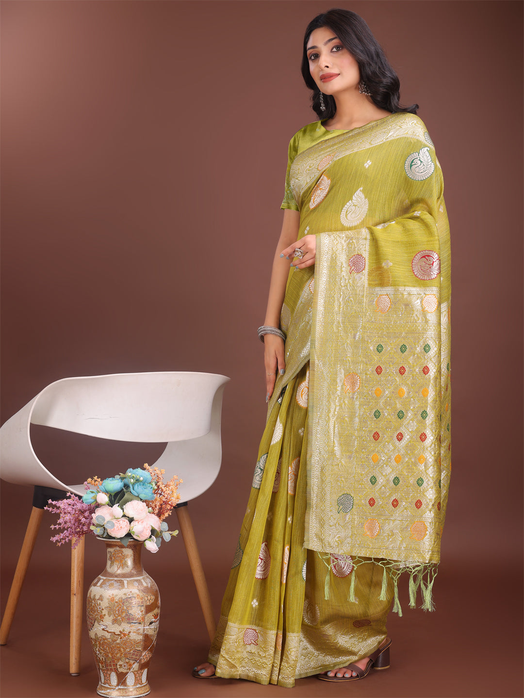 Shree Shyam Fashion Elegant Olive Green Linen Cotton Saree with Zari Border & Woven Motifs - Perfect for Sophisticated Everyday & Festive Looks